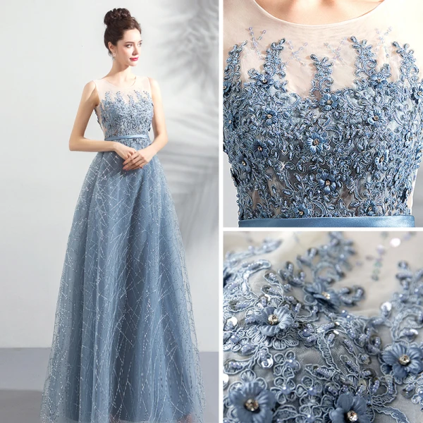 Schöne Himmelblau Durchbohrt Abendkleider 2018 Empire Rundhalsausschnitt Ärmellos Applikationen Spitze Perlenstickerei Strass Stoffgürtel Lange Rüschen
