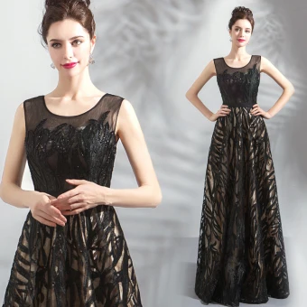 Chic Beautiful Black Evening Dresses 2018 A Line Princess U Neck Sleeveless Appliques Lace Sequins Floor Length Long Backless Formal Dresses