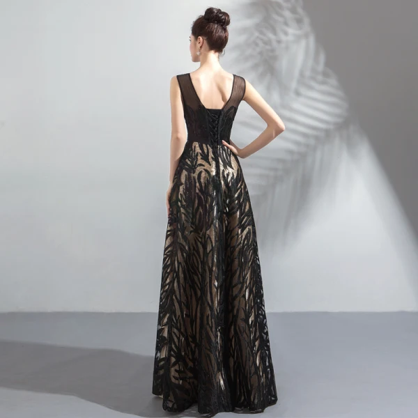 Chic / Belle Noire Robe De Soirée 2018 Princesse U-Cou Sans Manches Appliques En Dentelle Paillettes Longue Dos Nu Robe De Ceremonie