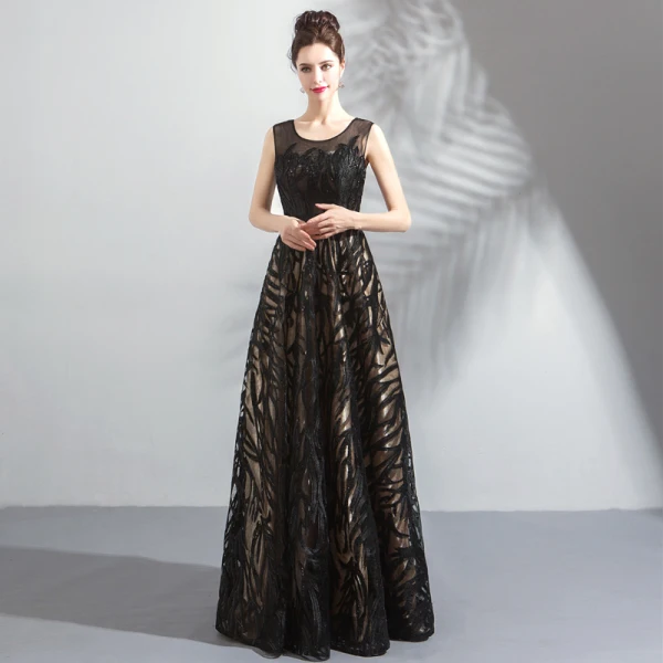Chic / Belle Noire Robe De Soirée 2018 Princesse U-Cou Sans Manches Appliques En Dentelle Paillettes Longue Dos Nu Robe De Ceremonie