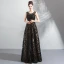 Chic / Belle Noire Robe De Soirée 2018 Princesse U-Cou Sans Manches Appliques En Dentelle Paillettes Longue Dos Nu Robe De Ceremonie