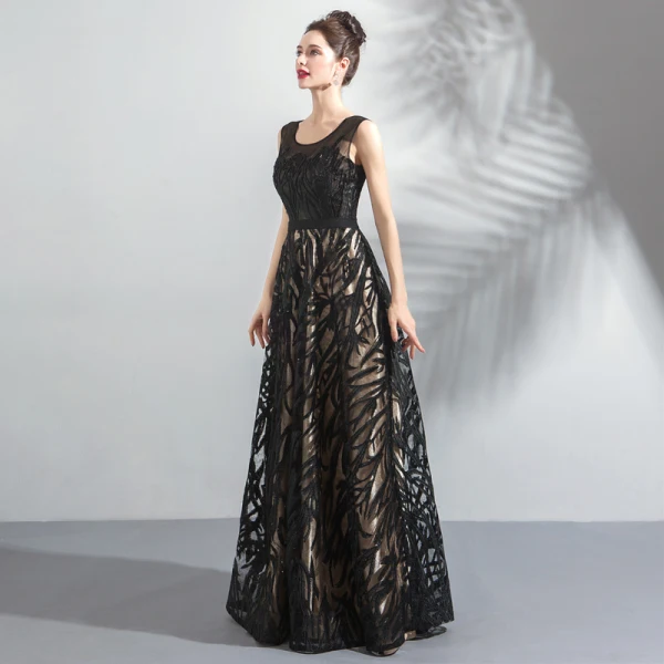 Chic / Belle Noire Robe De Soirée 2018 Princesse U-Cou Sans Manches Appliques En Dentelle Paillettes Longue Dos Nu Robe De Ceremonie