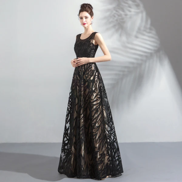 Chic / Belle Noire Robe De Soirée 2018 Princesse U-Cou Sans Manches Appliques En Dentelle Paillettes Longue Dos Nu Robe De Ceremonie