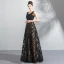Chic / Belle Noire Robe De Soirée 2018 Princesse U-Cou Sans Manches Appliques En Dentelle Paillettes Longue Dos Nu Robe De Ceremonie