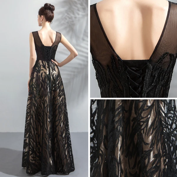 Chic / Belle Noire Robe De Soirée 2018 Princesse U-Cou Sans Manches Appliques En Dentelle Paillettes Longue Dos Nu Robe De Ceremonie