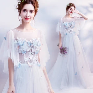Élégant Blanche Transparentes Robe De Soirée 2018 Princesse Encolure Dégagée 1 2 Manches Papillon Appliques En Dentelle Perle Chapel Train Volants Dos Nu Robe De Ceremonie