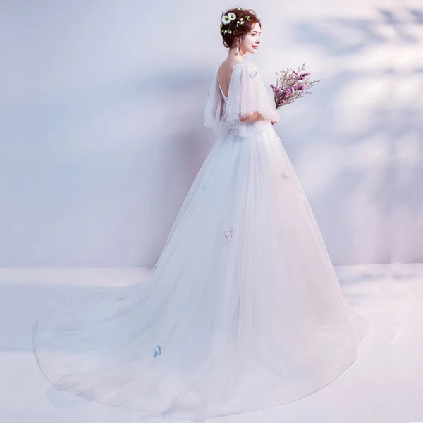 Elegant White See-through Evening Dresses  2018 A-Line / Princess Scoop Neck 1/2 Sleeves Butterfly Appliques Lace Pearl Chapel Train Ruffle Backless Formal Dresses