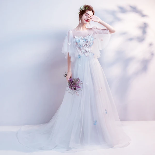 Elegant White See-through Evening Dresses  2018 A-Line / Princess Scoop Neck 1/2 Sleeves Butterfly Appliques Lace Pearl Chapel Train Ruffle Backless Formal Dresses