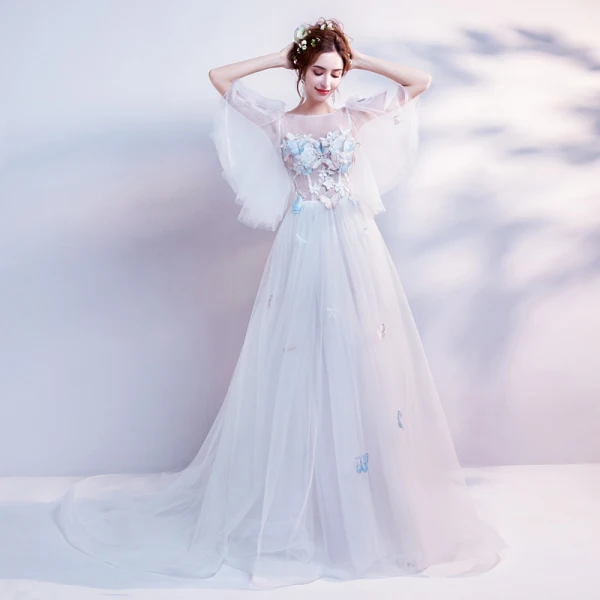 Elegant White See-through Evening Dresses  2018 A-Line / Princess Scoop Neck 1/2 Sleeves Butterfly Appliques Lace Pearl Chapel Train Ruffle Backless Formal Dresses