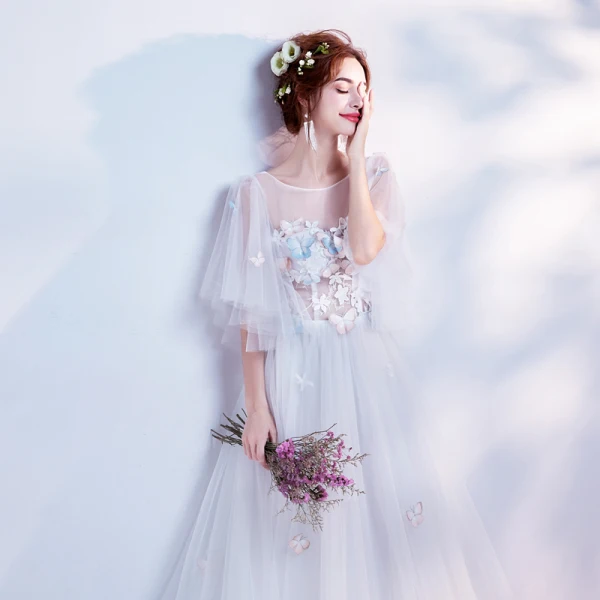 Elegant White See-through Evening Dresses  2018 A-Line / Princess Scoop Neck 1/2 Sleeves Butterfly Appliques Lace Pearl Chapel Train Ruffle Backless Formal Dresses