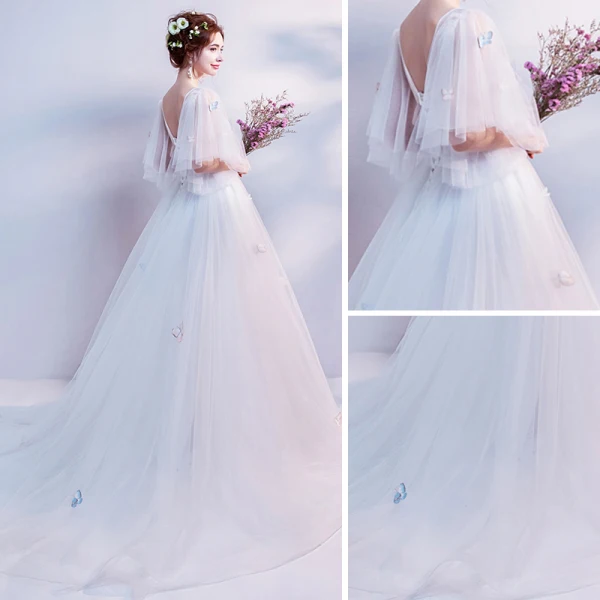 Elegant White See-through Evening Dresses  2018 A-Line / Princess Scoop Neck 1/2 Sleeves Butterfly Appliques Lace Pearl Chapel Train Ruffle Backless Formal Dresses