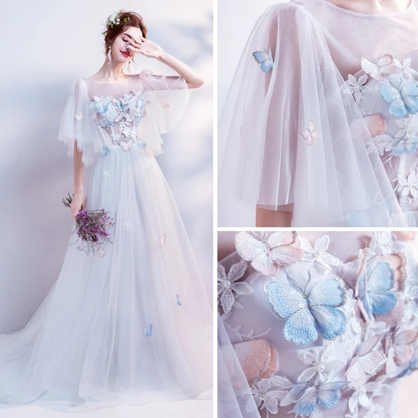 Elegant White See-through Evening Dresses  2018 A-Line / Princess Scoop Neck 1/2 Sleeves Butterfly Appliques Lace Pearl Chapel Train Ruffle Backless Formal Dresses