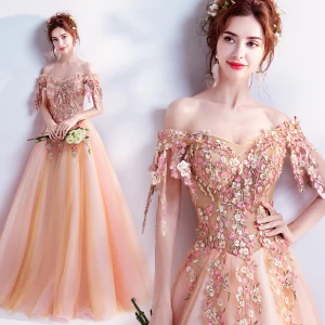 Fine Orange Ballkjoler 2018 Prinsesse Av Skulderen Korte Ermer Appliques Blonder Rhinestone Perle Lange Buste Ryggløse Formelle Kjoler