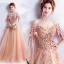 Chic / Beautiful Orange Prom Dresses 2018 A-Line / Princess Off-The-Shoulder Short Sleeve Appliques Lace Rhinestone Pearl Floor-Length / Long Ruffle Backless Formal Dresses