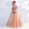 Chic / Beautiful Orange Prom Dresses 2018 A-Line / Princess Off-The-Shoulder Short Sleeve Appliques Lace Rhinestone Pearl Floor-Length / Long Ruffle Backless Formal Dresses