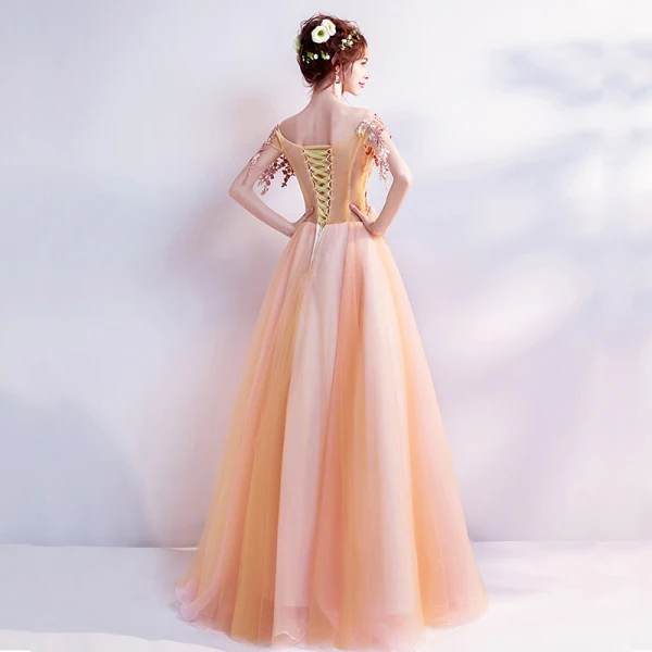 Chic / Beautiful Orange Prom Dresses 2018 A-Line / Princess Off-The-Shoulder Short Sleeve Appliques Lace Rhinestone Pearl Floor-Length / Long Ruffle Chic / Beautiful Orange Prom Dresses 2018 A-Line / Princess Off-The-Shoulder Short Sleeve Appliques Lace Rhinestone Pearl Floor-Length / Long Ruffle