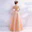 Chic / Beautiful Orange Prom Dresses 2018 A-Line / Princess Off-The-Shoulder Short Sleeve Appliques Lace Rhinestone Pearl Floor-Length / Long Ruffle Backless Formal Dresses