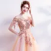 Chic / Beautiful Orange Prom Dresses 2018 A-Line / Princess Off-The-Shoulder Short Sleeve Appliques Lace Rhinestone Pearl Floor-Length / Long Ruffle Backless Formal Dresses
