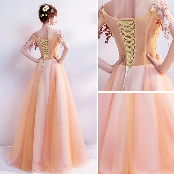 Chic / Beautiful Orange Prom Dresses 2018 A-Line / Princess Off-The-Shoulder Short Sleeve Appliques Lace Rhinestone Pearl Floor-Length / Long Ruffle Backless Formal Dresses