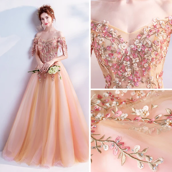 Chic / Beautiful Orange Prom Dresses 2018 A-Line / Princess Off-The-Shoulder Short Sleeve Appliques Lace Rhinestone Pearl Floor-Length / Long Ruffle Backless Formal Dresses