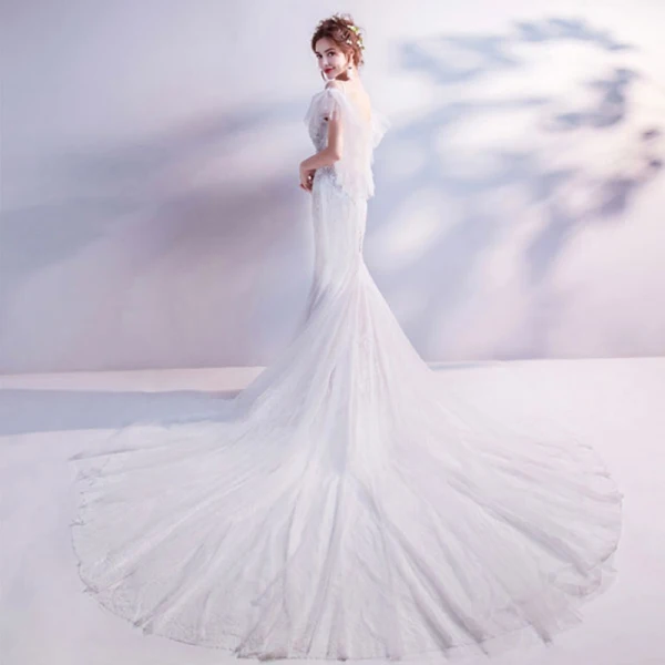Erschwinglich Weiß Brautkleider / Hochzeitskleider 2018 Meerjungfrau Off Shoulder Spaghettiträger Kurze Ärmel Rückenfreies Applikationen Spitze Perlenstickerei Pailletten Kapelle-Schleppe Rüschen