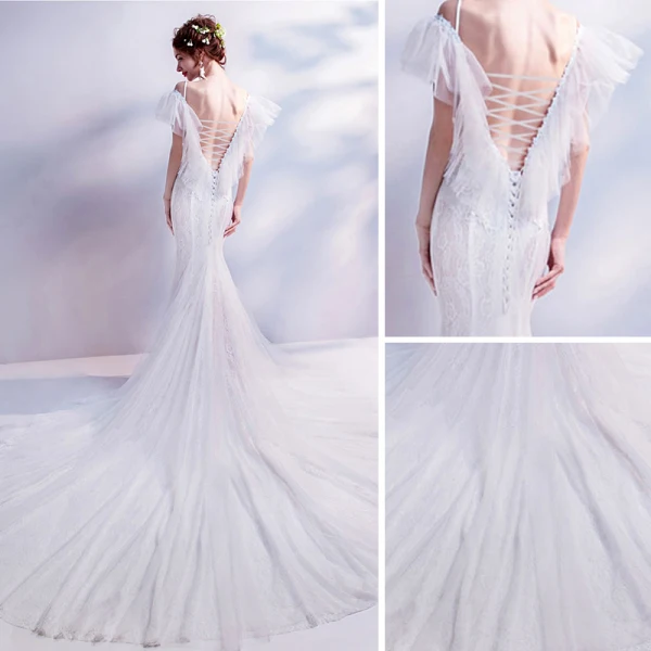 Erschwinglich Weiß Brautkleider / Hochzeitskleider 2018 Meerjungfrau Off Shoulder Spaghettiträger Kurze Ärmel Rückenfreies Applikationen Spitze Perlenstickerei Pailletten Kapelle-Schleppe Rüschen
