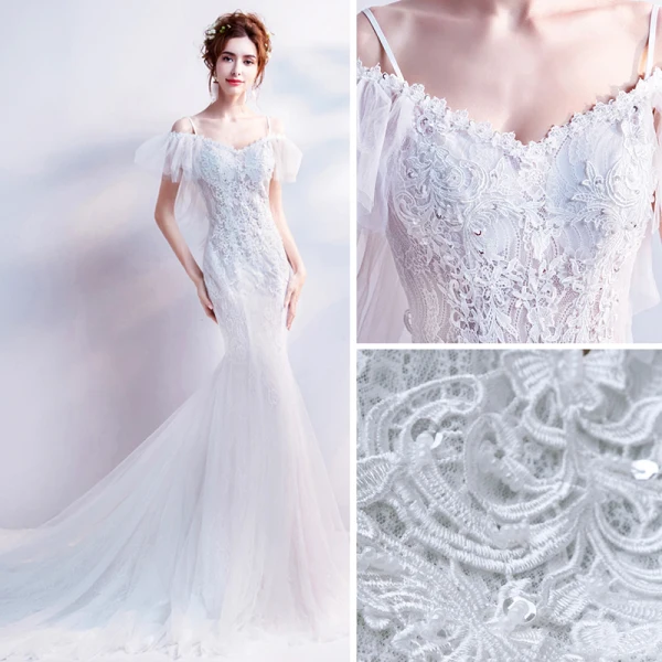 Erschwinglich Weiß Brautkleider / Hochzeitskleider 2018 Meerjungfrau Off Shoulder Spaghettiträger Kurze Ärmel Rückenfreies Applikationen Spitze Perlenstickerei Pailletten Kapelle-Schleppe Rüschen