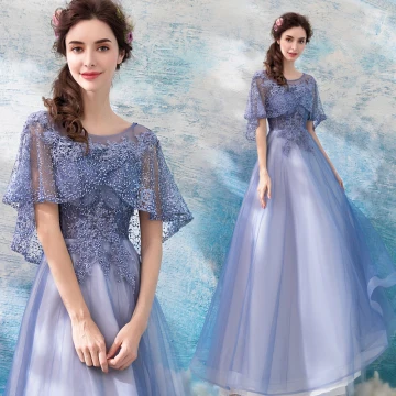 Elegant Lavender See Through Prom Dresses With Shawl 2018 A Line Princess Scoop Neck 1 2 Sleeves Appliques Lace Pearl Ankle Length Ruffle Backless Formal Dresses