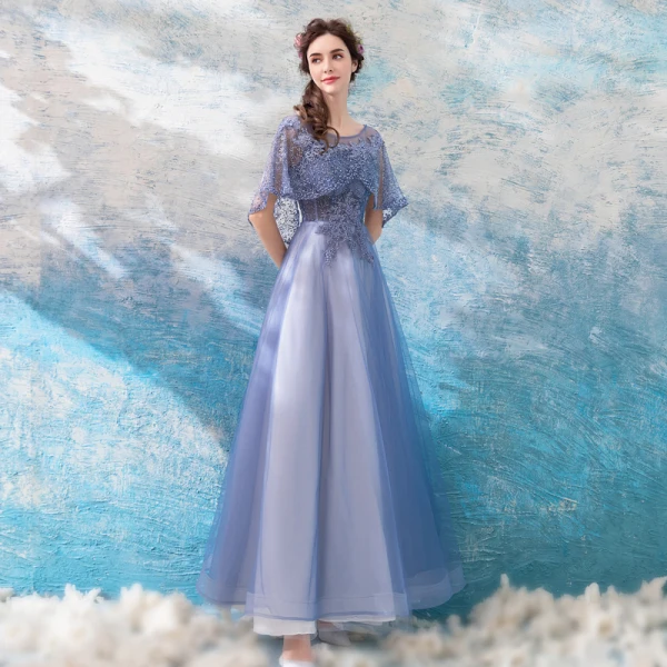 Elegante Lavendel Durchsichtige Ballkleider Mit Schal 2018 A Linie Rundhalsausschnitt 1/2 Ärmel Applikationen Mit Spitze Perle Knöchellänge Rüschen Rückenfreies Festliche Kleider