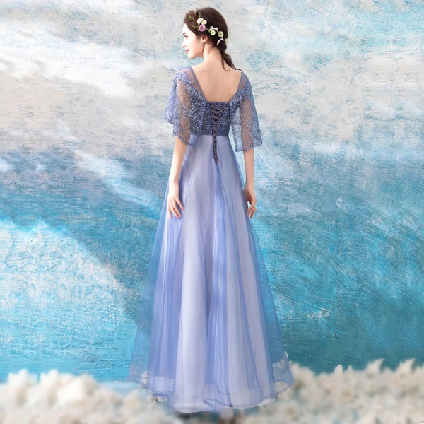 Elegante Lavendel Durchsichtige Ballkleider Mit Schal 2018 A Linie Rundhalsausschnitt 1/2 Ärmel Applikationen Mit Spitze Perle Knöchellänge Rüschen Rückenfreies Festliche Kleider
