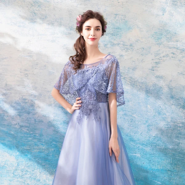 Elegante Lavendel Durchsichtige Ballkleider Mit Schal 2018 A Linie Rundhalsausschnitt 1/2 Ärmel Applikationen Mit Spitze Perle Knöchellänge Rüschen Rückenfreies Festliche Kleider