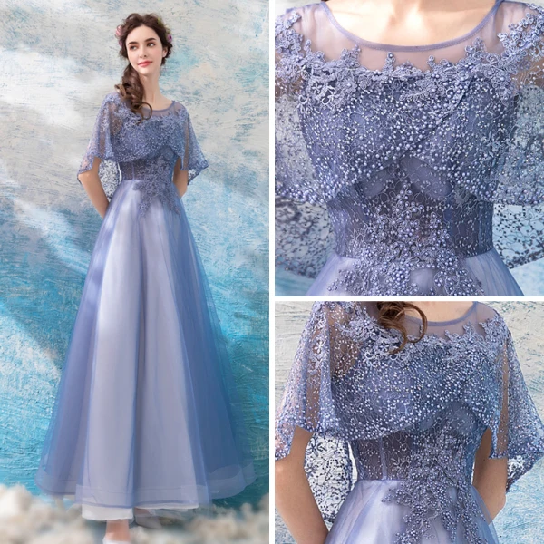 Elegante Lavendel Durchsichtige Ballkleider Mit Schal 2018 A Linie Rundhalsausschnitt 1/2 Ärmel Applikationen Mit Spitze Perle Knöchellänge Rüschen Rückenfreies Festliche Kleider