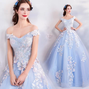 Chic Beautiful Sky Blue Prom Dresses 2018 A Line Princess Off The Shoulder Short Sleeve Appliques Lace Sequins Pearl Crystal Chapel Train Ruffle Backless Formal Dresses