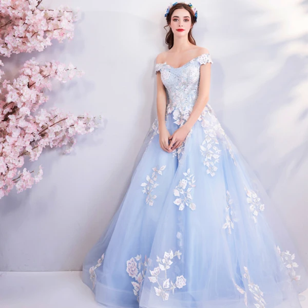 Chic / Belle Bleu Ciel Robe De Bal 2018 Princesse De l'épaule Manches Courtes Appliques En Dentelle Paillettes Perle Cristal Chapel Train Volants Dos Nu Robe De Ceremonie