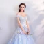 Chic / Belle Bleu Ciel Robe De Bal 2018 Princesse De l'épaule Manches Courtes Appliques En Dentelle Paillettes Perle Cristal Chapel Train Volants Dos Nu Robe De Ceremonie