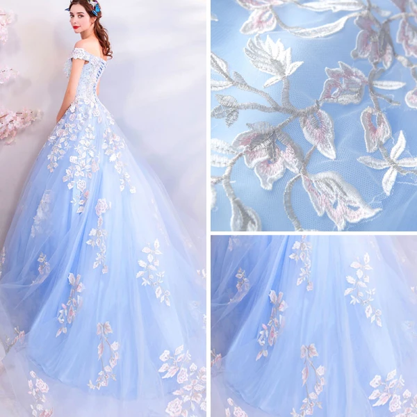 Chic / Belle Bleu Ciel Robe De Bal 2018 Princesse De l'épaule Manches Courtes Appliques En Dentelle Paillettes Perle Cristal Chapel Train Volants Dos Nu Robe De Ceremonie
