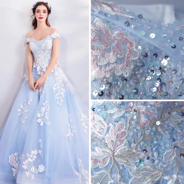 Chic / Belle Bleu Ciel Robe De Bal 2018 Princesse De l'épaule Manches Courtes Appliques En Dentelle Paillettes Perle Cristal Chapel Train Volants Dos Nu Robe De Ceremonie