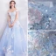 Chic / Belle Bleu Ciel Robe De Bal 2018 Princesse De l'épaule Manches Courtes Appliques En Dentelle Paillettes Perle Cristal Chapel Train Volants Dos Nu Robe De Ceremonie
