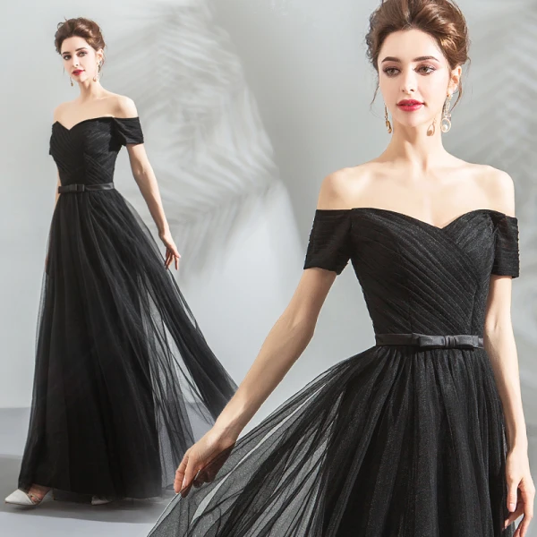 Schlicht Schwarz Abendkleider 2018 A Linie Off Shoulder Ärmellos Schleife Stoffgürtel Lange Rüschen Rückenfreies Festliche Kleider