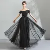 Modest / Simple Black Evening Dresses  2018 A-Line / Princess Off-The-Shoulder Sleeveless Bow Sash Floor-Length / Long Ruffle Backless Formal Dresses