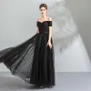 Modest / Simple Black Evening Dresses  2018 A-Line / Princess Off-The-Shoulder Sleeveless Bow Sash Floor-Length / Long Ruffle Backless Formal Dresses