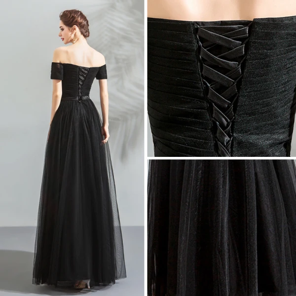 Schlicht Schwarz Abendkleider 2018 A Linie Off Shoulder Ärmellos Schleife Stoffgürtel Lange Rüschen Rückenfreies Festliche Kleider
