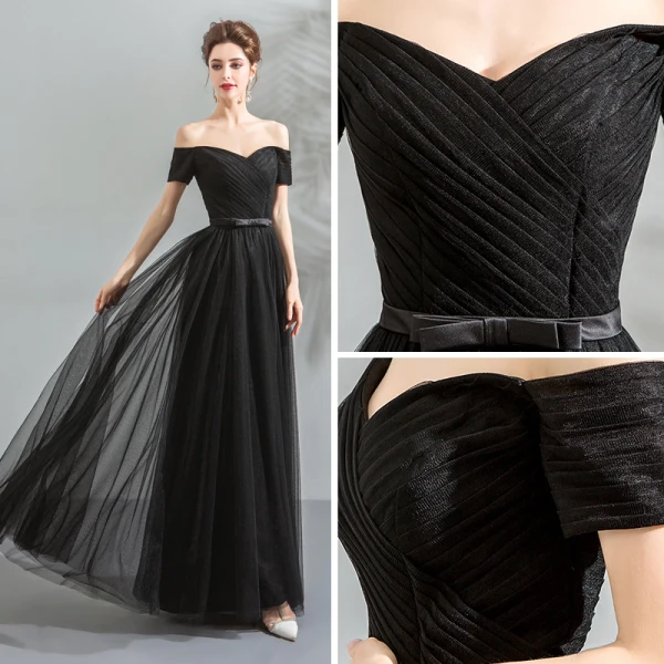 Schlicht Schwarz Abendkleider 2018 A Linie Off Shoulder Ärmellos Schleife Stoffgürtel Lange Rüschen Rückenfreies Festliche Kleider