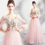 Flower Fairy Pearl Pink See-through Evening Dresses  2018 A-Line / Princess Scoop Neck Long Sleeve Flower Pearl Appliques Lace Chapel Train Ruffle Backless Formal Dresses