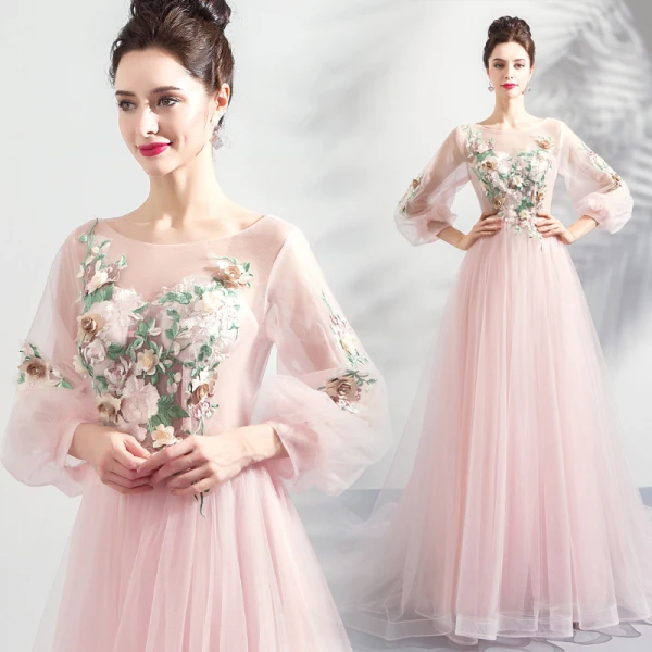 Flower Fairy Pearl Pink See-through Evening Dresses 2018 A-Line / Princess Scoop Neck Long Sleeve Flower Pearl Appliques Lace Chapel Train Ruffle Backless Formal Dresses