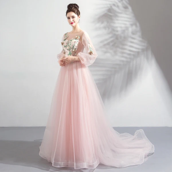 Flower Fairy Pearl Pink See-through Evening Dresses 2018 A-Line / Princess Scoop Neck Long Sleeve Flower Pearl Appliques Lace Chapel Train Ruffle Backless Formal Dresses