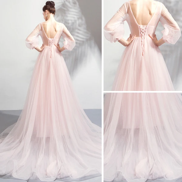 Flower Fairy Pearl Pink See-through Evening Dresses 2018 A-Line / Princess Scoop Neck Long Sleeve Flower Pearl Appliques Lace Chapel Train Ruffle Backless Formal Dresses