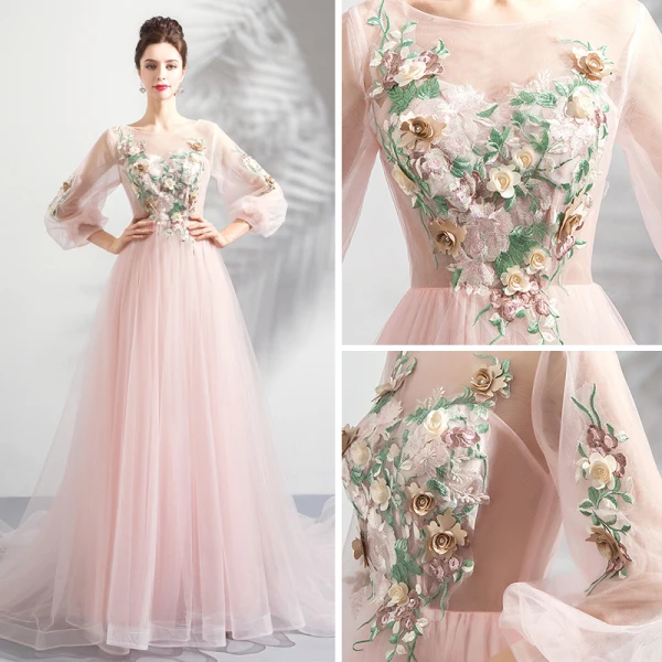 Flower Fairy Pearl Pink See-through Evening Dresses 2018 A-Line / Princess Scoop Neck Long Sleeve Flower Pearl Appliques Lace Chapel Train Ruffle Backless Formal Dresses