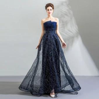 Bling Bling Bleu Marine Robe De Soirée 2018 Empire Bustier Sans Manches Cristal Paillettes Train De Balayage Volants Dos Nu Robe De Ceremonie