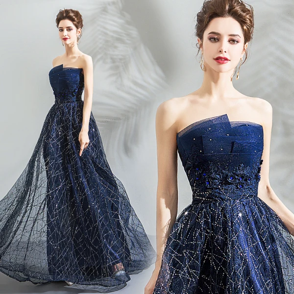 Bling Bling Marineblau Abendkleider 2018 Empire Bandeau Ärmellos Kristall Pailletten Sweep / Pinsel Zug Rüschen Rückenfreies Festliche Kleider
